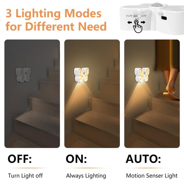 Sommerfugleformet sensor natlampe, 3 tilstande, genopladelig LED, trådløs, magnetisk, designet til børneværelser.