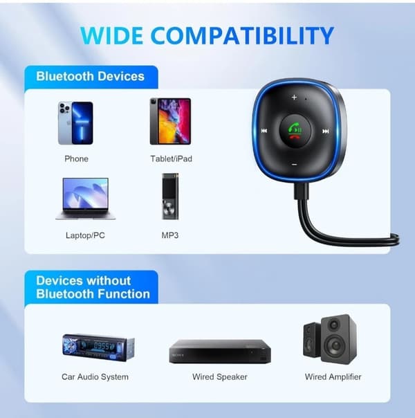 Bil Bluetooth aux-adapter, Bluetooth aux-adapter 5.3 med mikrofonbrus