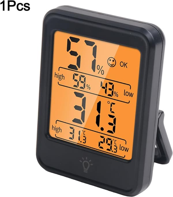 Elektronisk digitalt termometer og indendørs hygrometer, med baggrundsbelysning (sort).