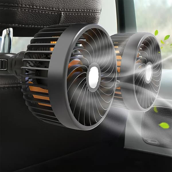 Dobbeltblæser bilventilator, USB-interface, tre hastighedsindstillinger, lydløs motor, 360° rotation, kraftig luftstrøm - Sort