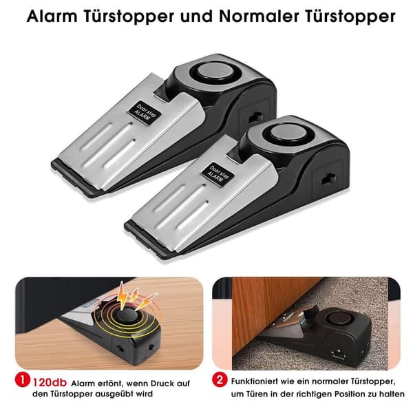 2 installerade smarta dörrstoppslarm, dörrstopp med tryckknapp, stöldlarm, 120 dB, batterier ingår ej