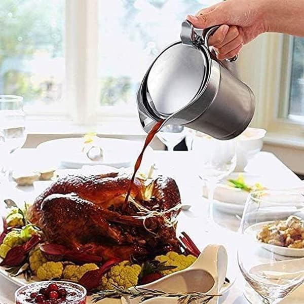 Isoleret sovsekande i rustfrit stål med hængslet låg, dobbeltvægget, velegnet til middage, restauranter, fester, jul, sølv (450 ml).