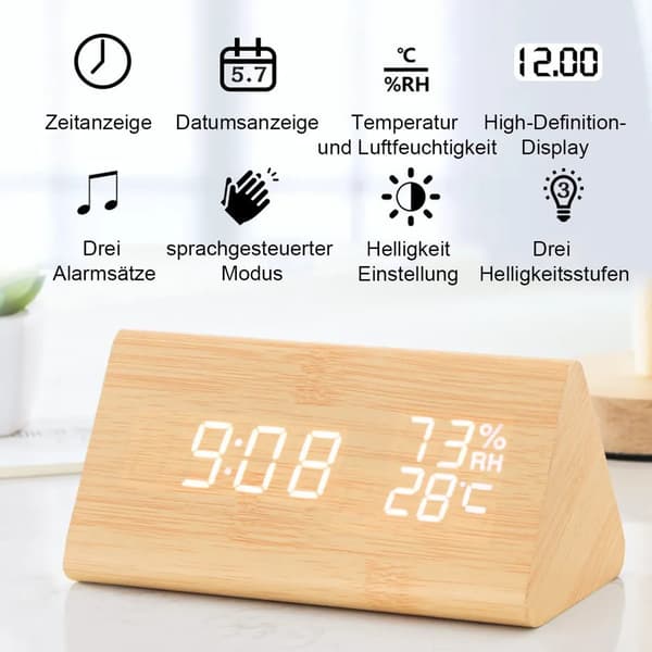 Väckarklocka i trä med ljudkontroll, luftfuktighet, temp. & datumvisning