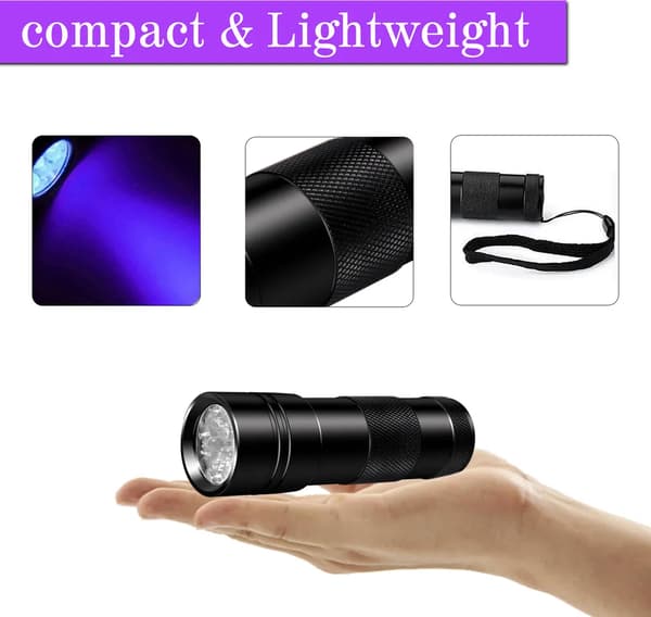 UV-taskulamppu, 12 LED-helmeä, musta, 395 nm
