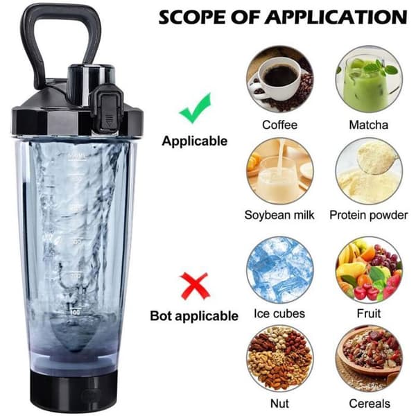 Elektrisk proteinpulver-shaker, 600 ml genopladelig elektrisk shaker med USB-C-interface.