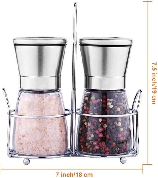 2 stk. salt- og peberkværnsæt i rustfrit stål med glaskværn og matchende holder