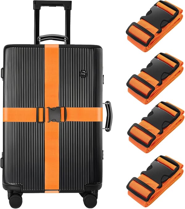 4-pack orange justerbara bagageremmar med POM-spänne, resetillbehör för resväskor
