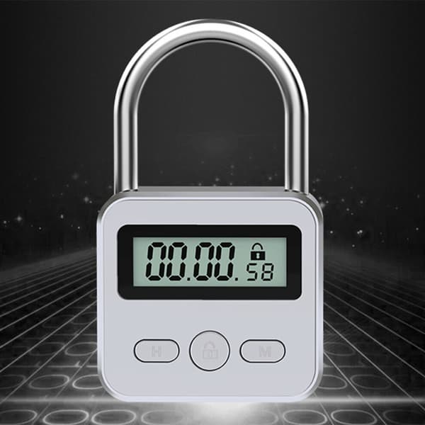 Ett metalltimerlås med LCD-display, multifunktionell elektronisk timer, maximal timer på 99 timmar, USB-uppladdningsbar, silver.