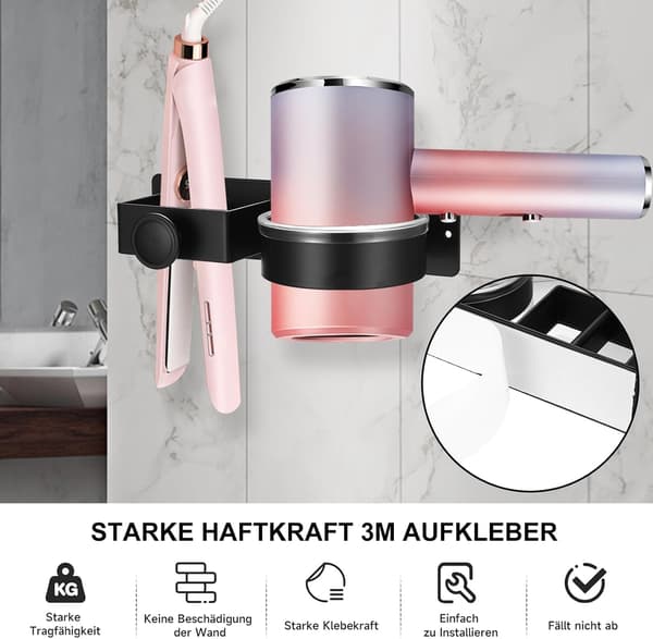 Hårtørrer/glattejernsholder, selvklæbende, ingen boring, sort, til hotelbadeværelser