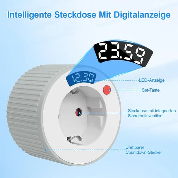 Nedtællingstimerstik med LED-display, 1 minut til 24 timers timer, mini digital timerstik egnet til alle husholdningsapparater.