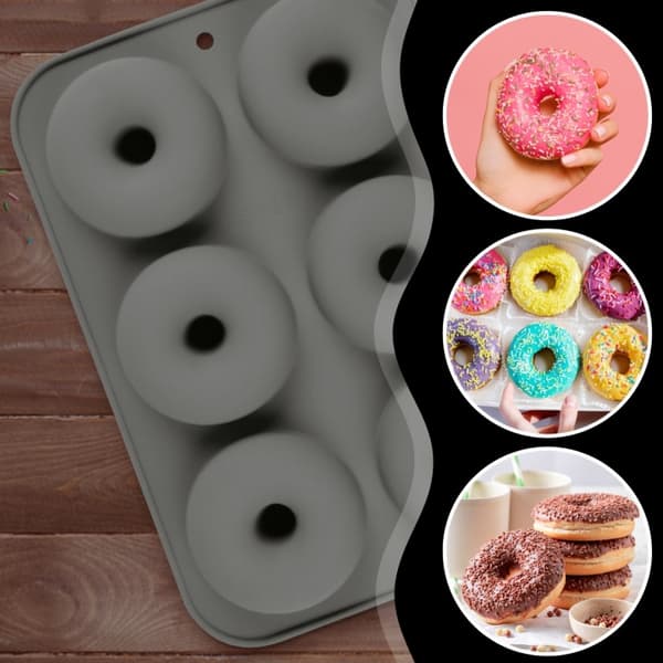 6-hålsdesign, blå, grå och rosa bakformssats för munkar, för hembakning, silikonmunkformar, 3-pack bagelformar