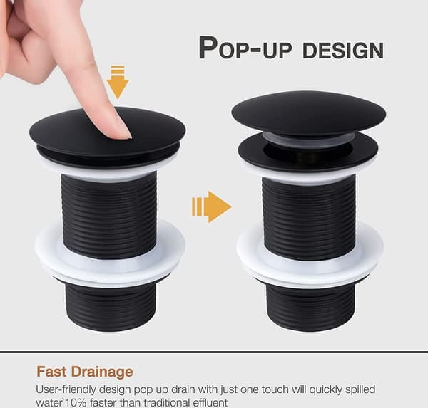 Univ. afløbsventil, vaskeafløbsventil uden overløb, sort, pop-up ventil, vaskeafløbsventil, vaskeprop, pop-up afløbsventil til vaske og håndvaske