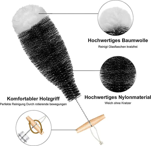 Pullonharjat lasipulloille, 2 kpl. Hellävarainen puhdistus, ei naarmuta pulloa. Pullonharjan puhdistusaine mukana.