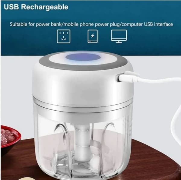 Vit hackare 250 ml, USB-laddningsbar, en-trycks, WP, SS-blad för vitlök & grönsaker