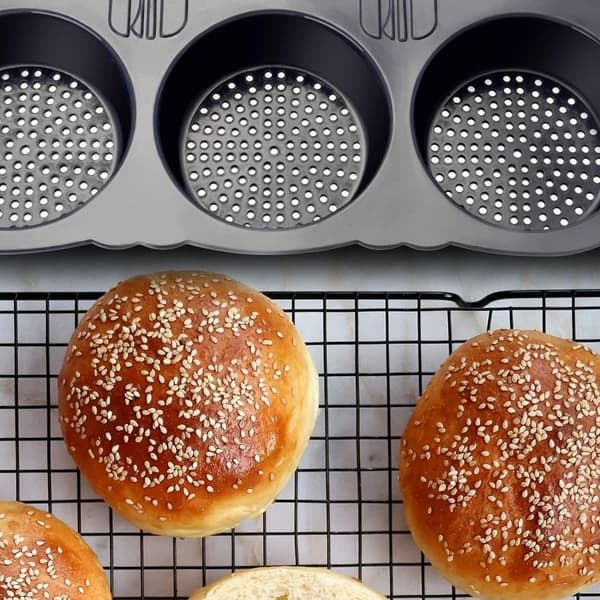2 stk. silikonebolleforme, non-stick bageplader, perforeret hamburgerform