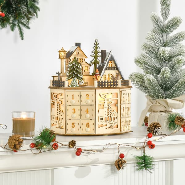 Julkalender i trä, byscen, krans, heminredning