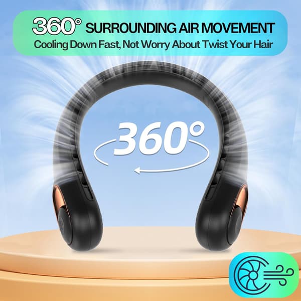 Sort bærbar bladløs bærbar halsventilator 360° Surround Stille USB