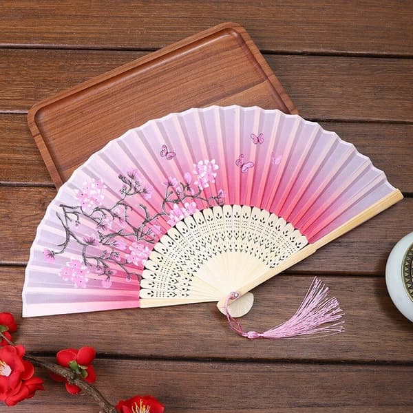Lyxig blommig dekorativ handfläkt i bambu (rosa blommor)