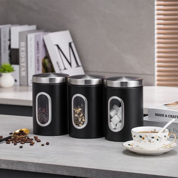3st Te Kaffe Socker Burkar Förvaringsset Kök Metall Svart