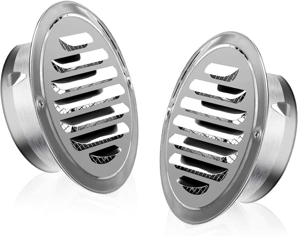 100 mm rund udvendig ventilationsrist i rustfrit stål med insektnet, velegnet til emhætter.