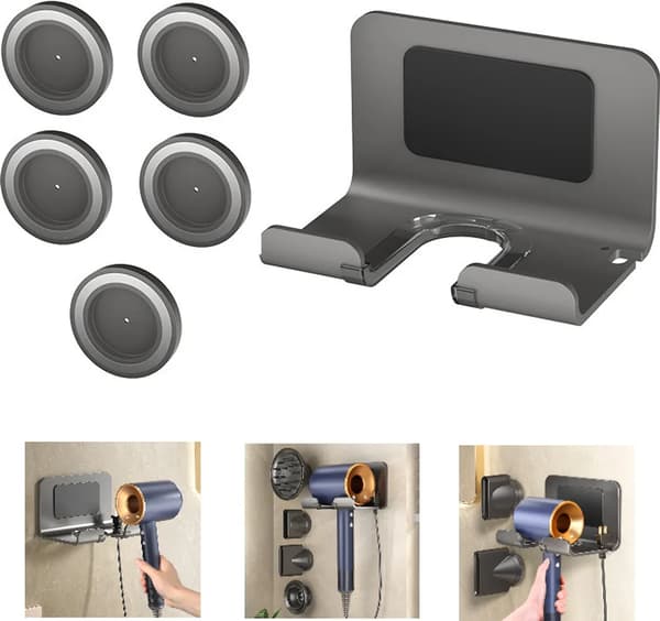 Hårtorkshållare, hårtorkshållare för Dyson hårtork, väggmonterad hårtorkshållare med 5 magnetiska munstyckshållare, grå