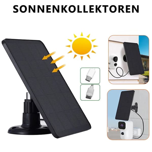 4W cirkulär solpanel för utomhuskameror, justerbart fäste och laddningskabel ingår.