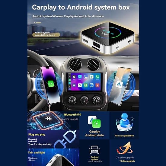 Trådlös CarPlay/Android 13 AI Box Bluetooth WiFi Android Auto Split-Screen-stöd för Android Auto-interaktion 2+16G