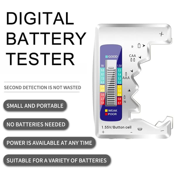 Universal digital batteritester, egnet til alle C, AA, AAA, DN 9V 6F22 1.5V knapcellebatterier.
