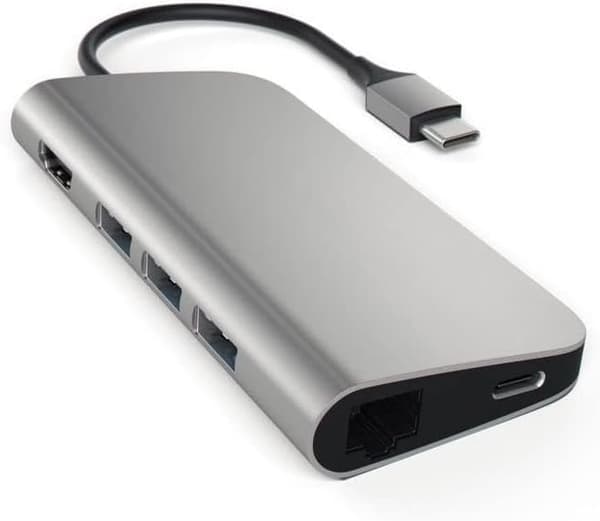USB-C hub multi-port adapter, 4K HDMI, 60W PD, 3 USB-A, Ethernet, Micro/SD-läsare, för MacBook Pro/Air M1-M3, Windows, grå.