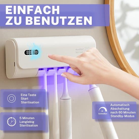 UV-tandbørstesterilisator med holder til 5 tandbørster | Vægmontering, tørrefunktion