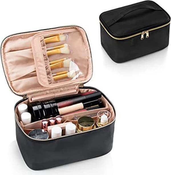 Stor makeuptaske til kvinder, med børsterum, bærbar vandtæt toilettaske, sort.