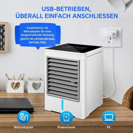 Bærbar luftkøler – Stille miniluftkøler – 3 hastigheder – Stor vandbeholder – USB-C