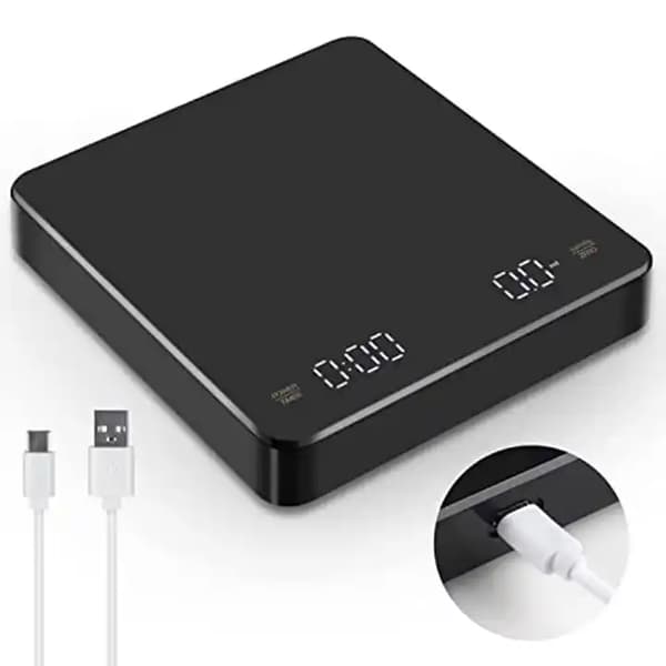 Digital genopladelig kaffevægt med timer og LED-display (3 kg/0,1 g, sort).