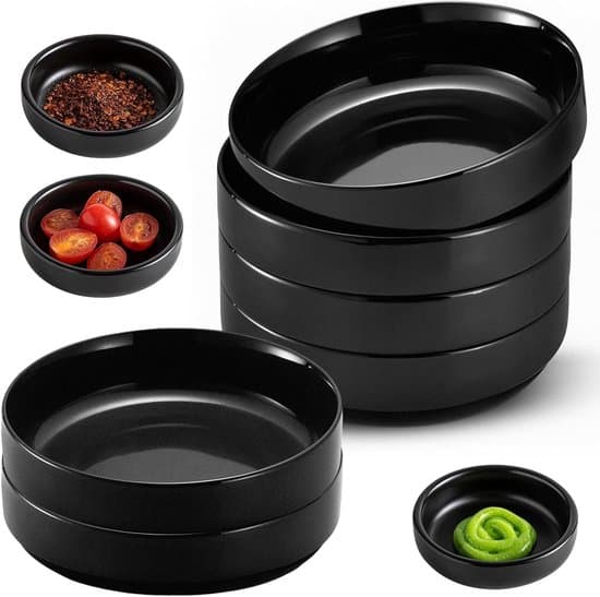 Et sæt med 6 runde miniskåle til servering af sojasauce, dips, krydderier, snacks og nødder - 8,7 cm x 2,5 cm - mat sort.