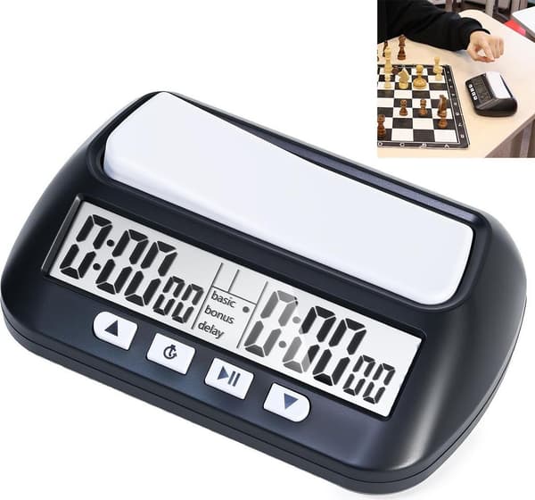 Schacktimer för tävling, nedräkning/uppräkning, påminnelsefunktion, stor display, enkel att använda