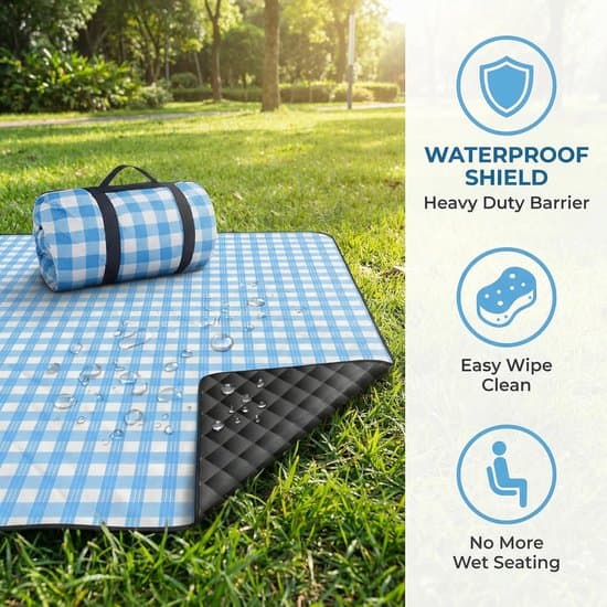 200x300cm Extra Stor Vikbar Vattentät Picknickfilt (Blå & Vit Rutig)