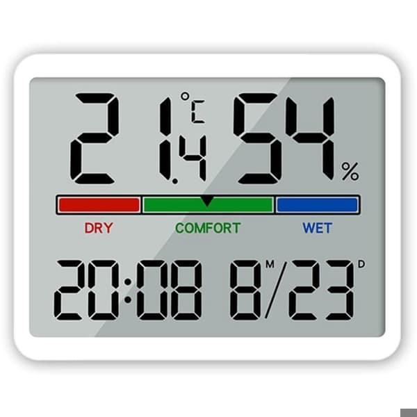 Termometer och hygrometer - Stor LCD-display - Med klockfunktion - Lämplig för växthus och hem - Vit