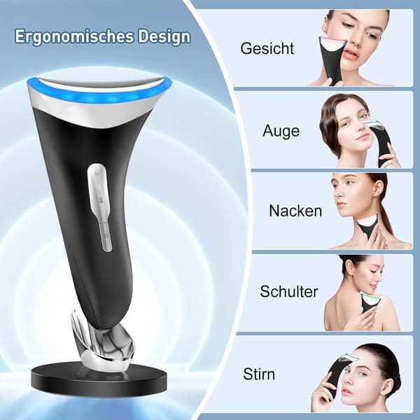 Ansigtsapparat, 45°C løftende EMS termisk massage, dobbeltfunktion, 3 LED-tilstande, ansigt/hals - sort