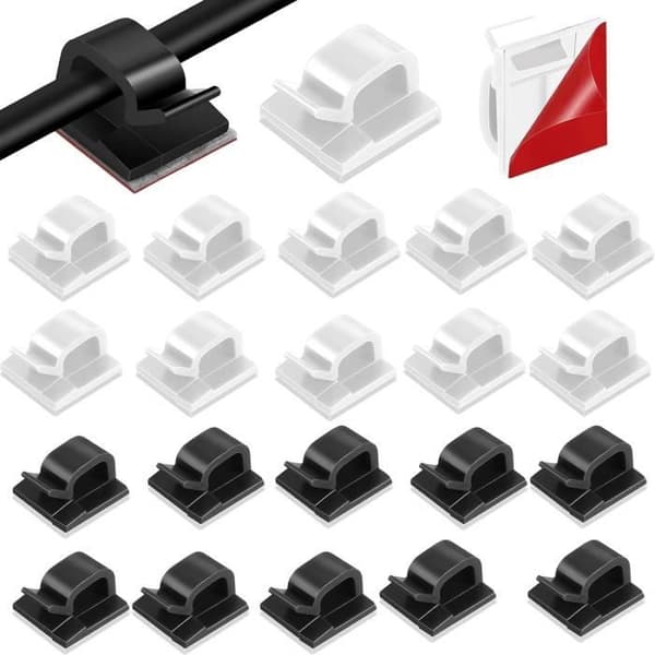 Kabelclips - 60-pak - Selvklæbende clips - Plastmateriale - Dobbeltklæbende - Sort