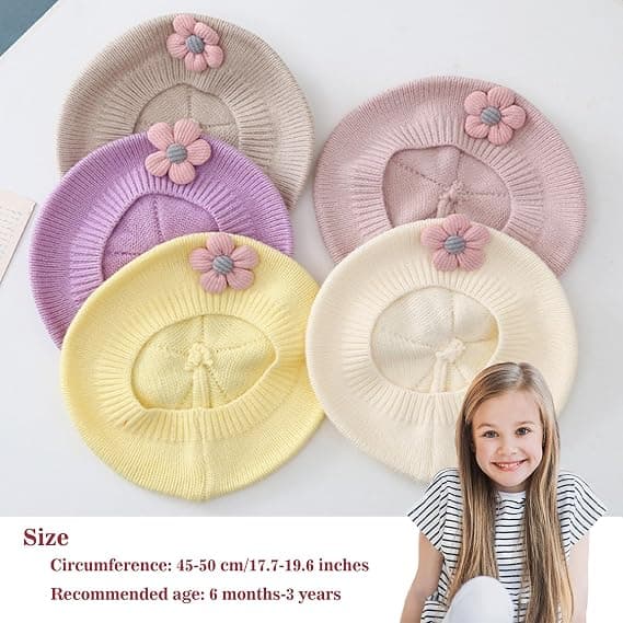 Liten flicka basker varm vintermössa småbarn fransk stickad söt blomma - gul