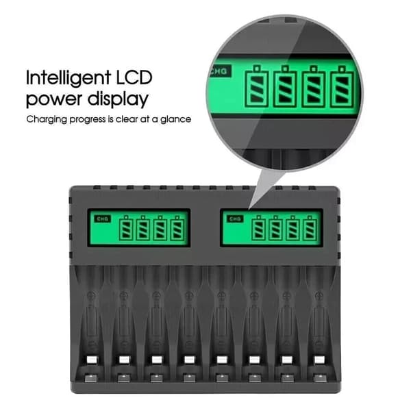 Smart batterioplader med slot, egnet til AA/AAA genopladelige batterier, LCD-display.