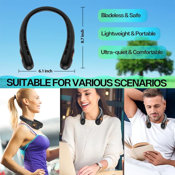 Sort bærbar bladløs bærbar halsventilator 360° Surround Stille USB