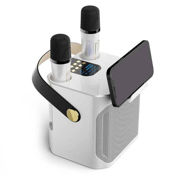 Kraftfull Bluetooth karaoke-högtalare med dubbla mikrofoner, vit.