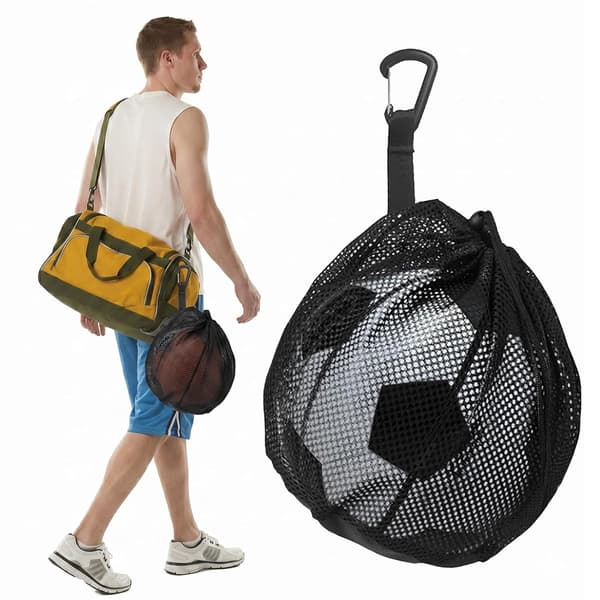 Bollväskor, nätbollsväskor, bärväskor för basketbollar, rugbybollar och volleybollar, tillverkade av polyester, ryggsäckar med karbinhakar, idealiska