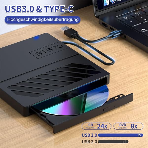Eksternt CD/DVD-drev, 7-i-1 USB slankt bærbart CD/DVD-afspiller/brænder, slot-loading CD-ROM-brænder/skriver, velegnet til bærbare computere.