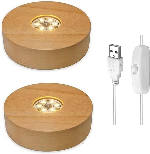 LED-displaybas i trä, 2 stycken, 4-tums displaybas för glaskristallampa, USB-driven varmvit ljusdekoration