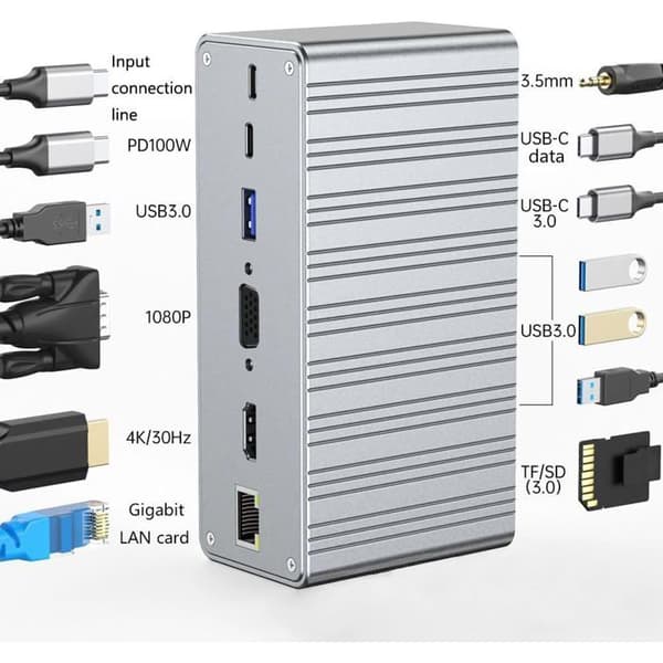 13-i-1 USB-C dockningsstation - Stöder 4K@30Hz projektion - Stöder 100W PD snabbladdning - Gigabit Ethernet-port