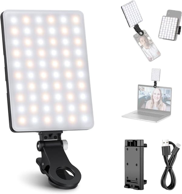 Selfie-fyldlys til iPhone, 2000mAh genopladeligt LED-videofyldlys, med telefonclips, også velegnet til computerwebcams og laptops.
