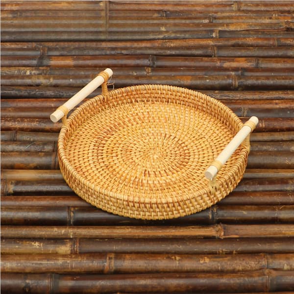Rund bricka-22CM-Handvävd robust bas Lantlig stil Dekorativ servering Frukt Bröd
