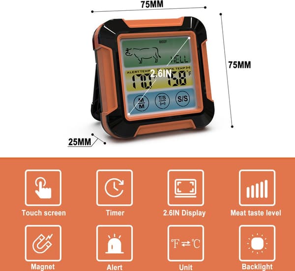 BBQ Termometer, Grilltermometer, Digital Kötttermometer, Pekskärm, Timer, WP, Köketermometer